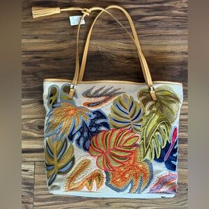 CHICOS Embroidered Monstera Leaves Tote  Bad New